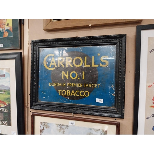 284 - Framed tin plate Carroll�s No 1 Dundalk premier Target Tobacco. {44 cm H x 57 cm W}.