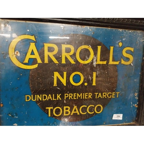 284 - Framed tin plate Carroll�s No 1 Dundalk premier Target Tobacco. {44 cm H x 57 cm W}.