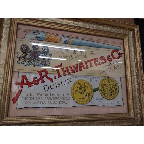 289 - Framed  A and R Thwaites advertising print. {41 cm H x 53 cm D}.