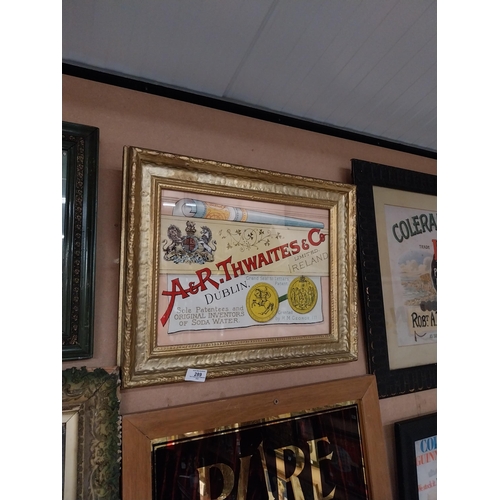 289 - Framed  A and R Thwaites advertising print. {41 cm H x 53 cm D}.