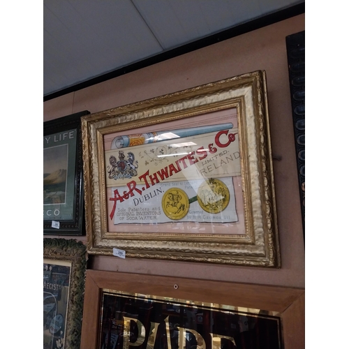 289 - Framed  A and R Thwaites advertising print. {41 cm H x 53 cm D}.