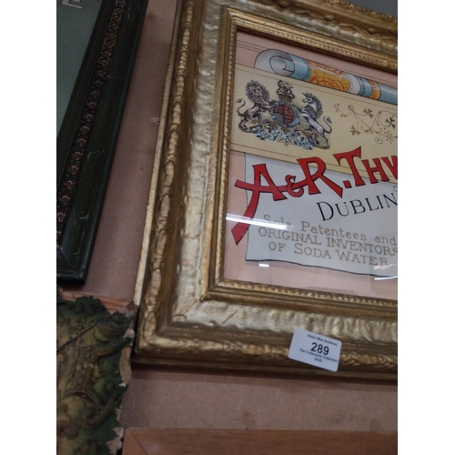 289 - Framed  A and R Thwaites advertising print. {41 cm H x 53 cm D}.