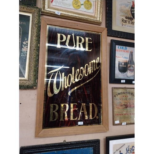 290 - Pure Wholesome Bread wood effect reverse painted glass framed advertising sign {88 cm H x 56 cm W}.