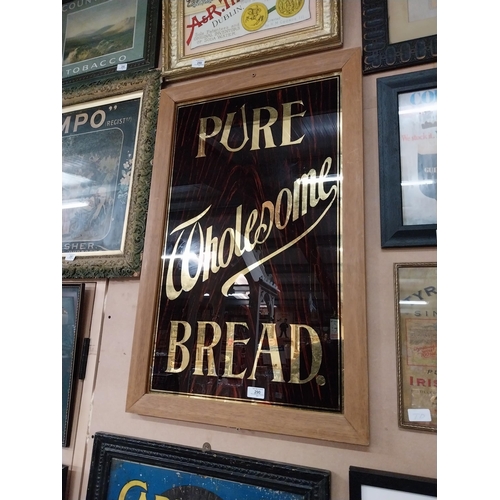 290 - Pure Wholesome Bread wood effect reverse painted glass framed advertising sign {88 cm H x 56 cm W}.