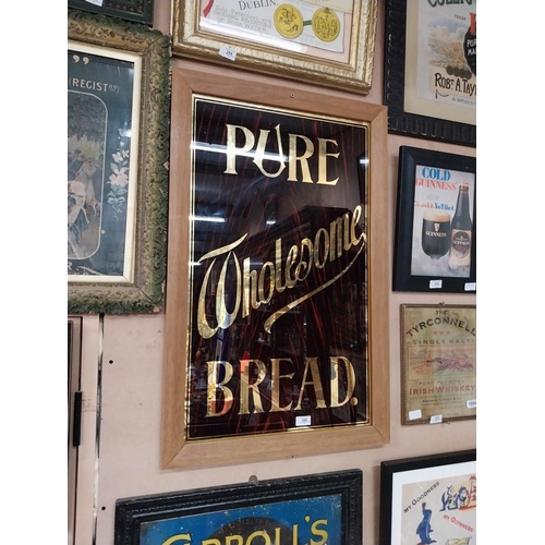 290 - Pure Wholesome Bread wood effect reverse painted glass framed advertising sign {88 cm H x 56 cm W}.