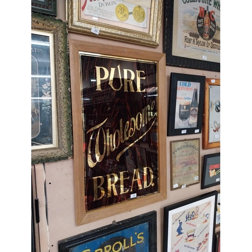 290 - Pure Wholesome Bread wood effect reverse painted glass framed advertising sign {88 cm H x 56 cm W}.