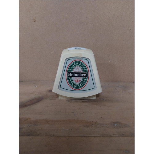 303 - 1970�s Heineken Lager light up advertising box. {11 cm H x 11 cm W x 9 cm D}.