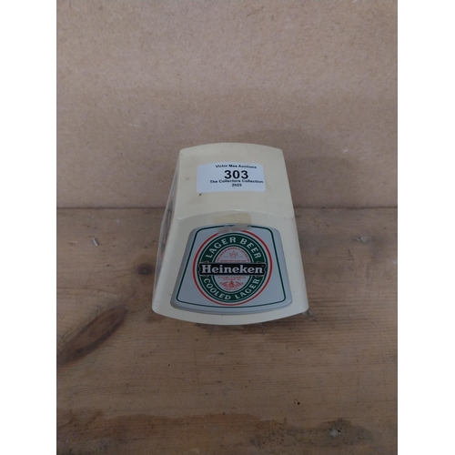 303 - 1970�s Heineken Lager light up advertising box. {11 cm H x 11 cm W x 9 cm D}.