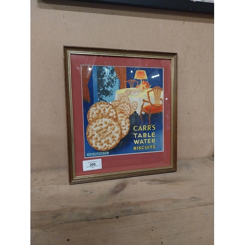 309 - Carr's Table Water Biscuits framed advertising showcard. { 39 cm H x 22 cm W}.