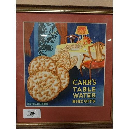 309 - Carr's Table Water Biscuits framed advertising showcard. { 39 cm H x 22 cm W}.