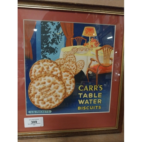 309 - Carr's Table Water Biscuits framed advertising showcard. { 39 cm H x 22 cm W}.