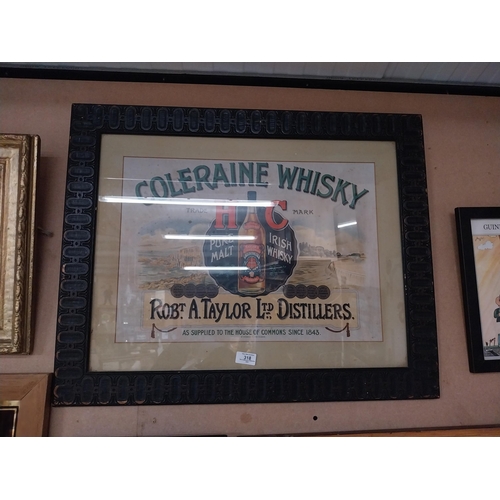 318 - Coleraine Whiskey Robt A Taylor Ltd Distillers framed showcard. {58 cm H x 73 cm W}.