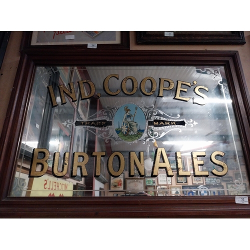 32 - Early 20th C. Ind Coope's Burtons Ales framed advertising mirror. {59 cm H x 86 cm W}.