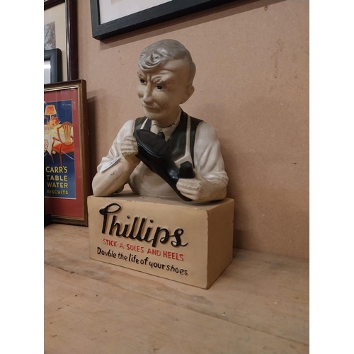 322 - Phillips Stick - a - Soles and Heels Ruberoid advertising figure. {30 cm H x 10 cm W x 12 cm D}.