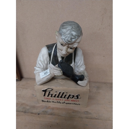 322 - Phillips Stick - a - Soles and Heels Ruberoid advertising figure. {30 cm H x 10 cm W x 12 cm D}.