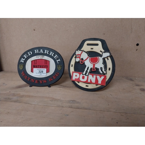 328 - Two persex shelf signs � Watneys Keg and Pony Ale. {12 cm H x 15 cm W} and {15 cm H x 13 cm W.