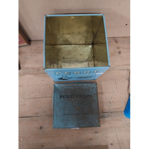 331 - 1960's Perry Potato Crisps tinplate advertising box. {25 cm H x 24 cm W x 24 cm D}.