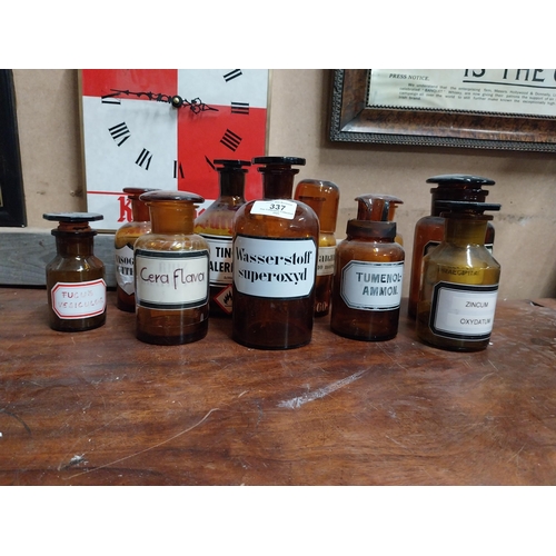 337 - Collection of ten early 20th C. amber glass chemist bottles {17 cm H average}.