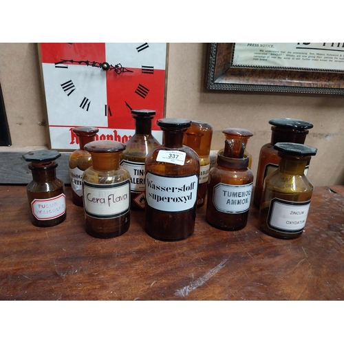 337 - Collection of ten early 20th C. amber glass chemist bottles {17 cm H average}.