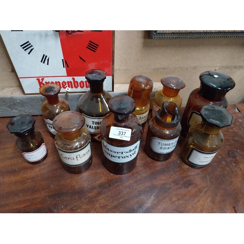 337 - Collection of ten early 20th C. amber glass chemist bottles {17 cm H average}.