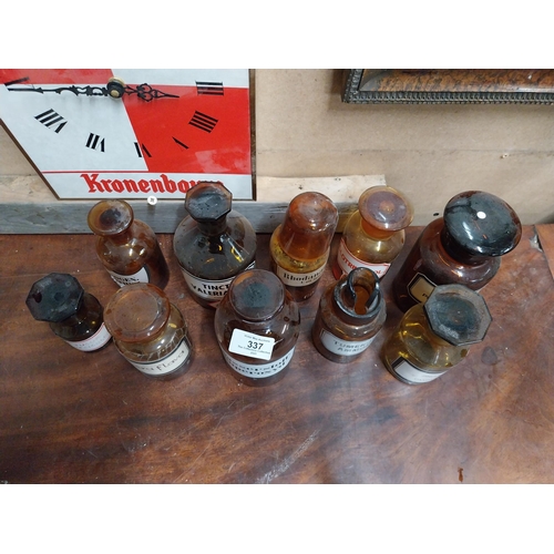 337 - Collection of ten early 20th C. amber glass chemist bottles {17 cm H average}.