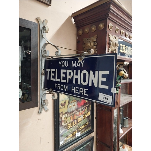 345 - You may telephone from here enamel double sided hanging sign with original bracket. {72 cm H x 58 cm... 