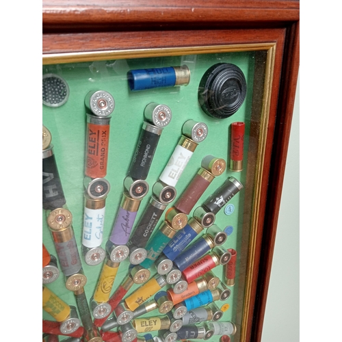 360 - Clay pigeon cartridge display in wood and glazed display case. H 74cm x W 57cm x D 5cm . NOT AVAILAB... 