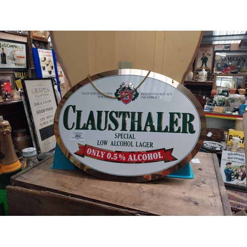 362 - Clausthaler Lager perspex hanging advertising sign. {26 cm H x 35 cm W}.