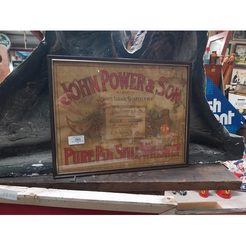 365 - John Powers and Son Pure Pot Still Whiskey framed print. {30 cm H x 37 cm W}.