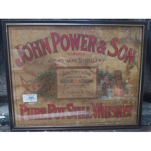 365 - John Powers and Son Pure Pot Still Whiskey framed print. {30 cm H x 37 cm W}.