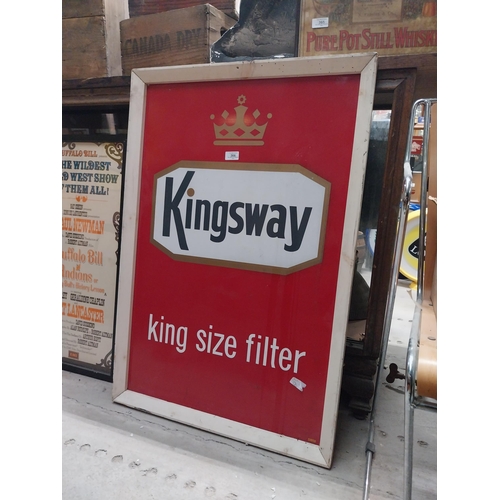 366 - Kingsway King Size cigarettes tin plate framed advertisement. {94 cm H x 65 cm W}.