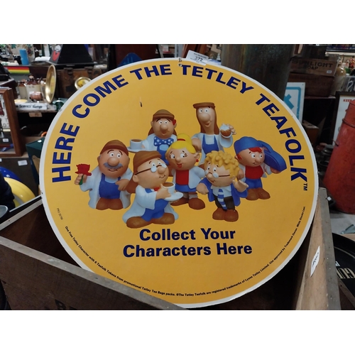 372 - Here comes Tetley Tea folk double sided hanging cardboard advertising sign. {40 cm W x 40 cm W}