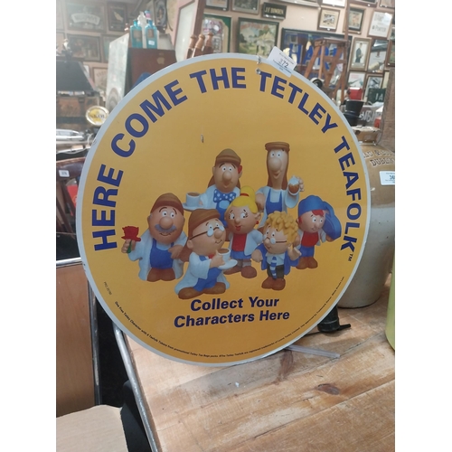 372 - Here comes Tetley Tea folk double sided hanging cardboard advertising sign. {40 cm W x 40 cm W}