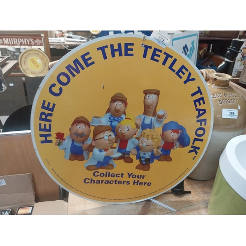 372 - Here comes Tetley Tea folk double sided hanging cardboard advertising sign. {40 cm W x 40 cm W}