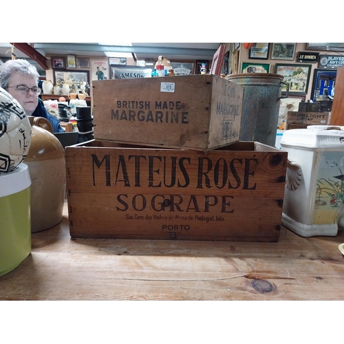 373 - Echo Margarine and Mateus Rose wooden advertising crates. {17 cm H x 36 cm W x 17} and {23 cm H x 53... 