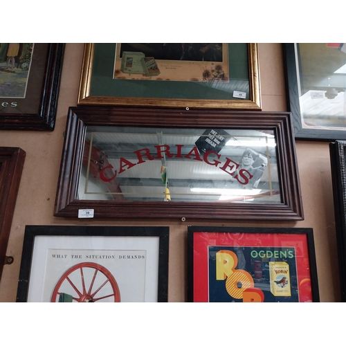 39 - Framed Carriages advertising mirror. {31 cm H x 64 cm W}.