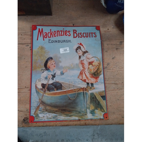 392 - Mackenzie's Biscuits Edinburgh tin plate advertising sign. {40 cm H x 30 cm W}.