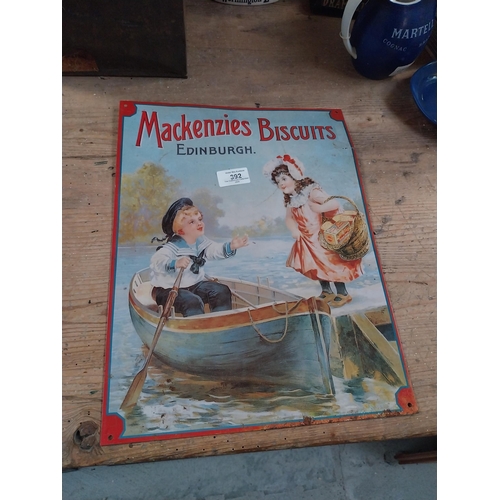 392 - Mackenzie's Biscuits Edinburgh tin plate advertising sign. {40 cm H x 30 cm W}.