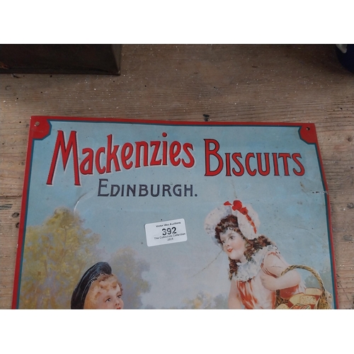 392 - Mackenzie's Biscuits Edinburgh tin plate advertising sign. {40 cm H x 30 cm W}.