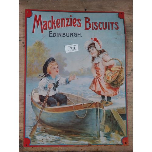 392 - Mackenzie's Biscuits Edinburgh tin plate advertising sign. {40 cm H x 30 cm W}.