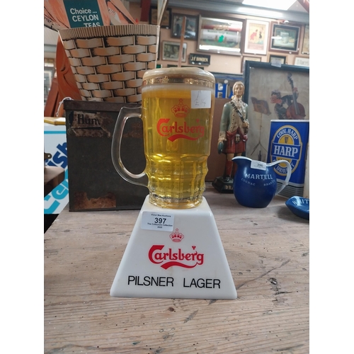 397 - 1970's Carlsberg Lager light up counter font in the form of glass. {26 cm H x 16 cm W x 15 cm D}.