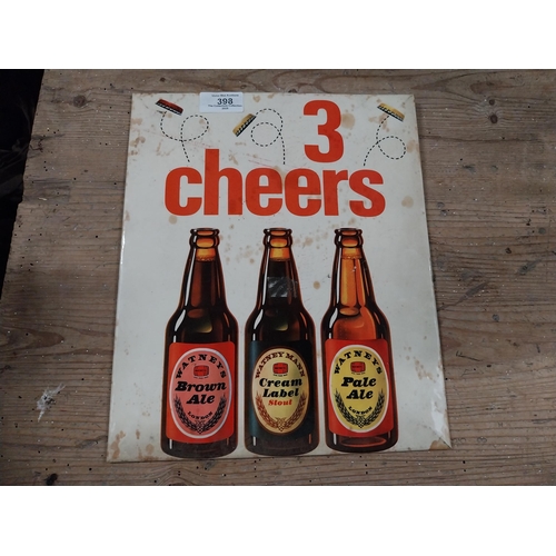 398 - Three Cheers Brown Ale Cream Ale celluloid advertising sign. {30 cm W x 25 cm W}.