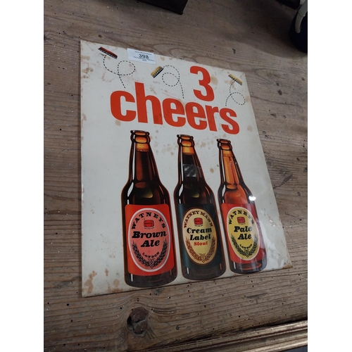 398 - Three Cheers Brown Ale Cream Ale celluloid advertising sign. {30 cm W x 25 cm W}.