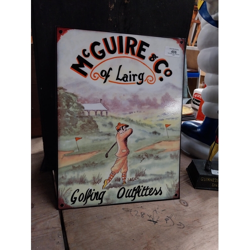 406 - McGuire and Co of Lairg Golfing Outfitters tin plate sign. {40 cm H x 30 cm W}.