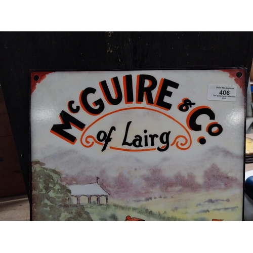 406 - McGuire and Co of Lairg Golfing Outfitters tin plate sign. {40 cm H x 30 cm W}.