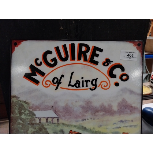 406 - McGuire and Co of Lairg Golfing Outfitters tin plate sign. {40 cm H x 30 cm W}.