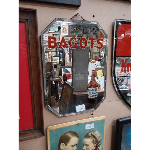 41 - Bagots Irish Whiskey advertising mirror. {25 cm H x 26 cm D}