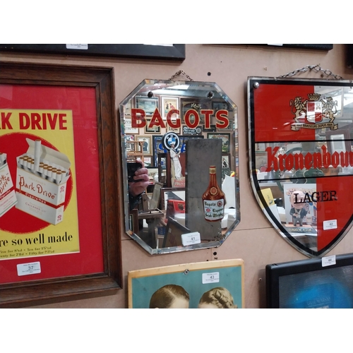 41 - Bagots Irish Whiskey advertising mirror. {25 cm H x 26 cm D}