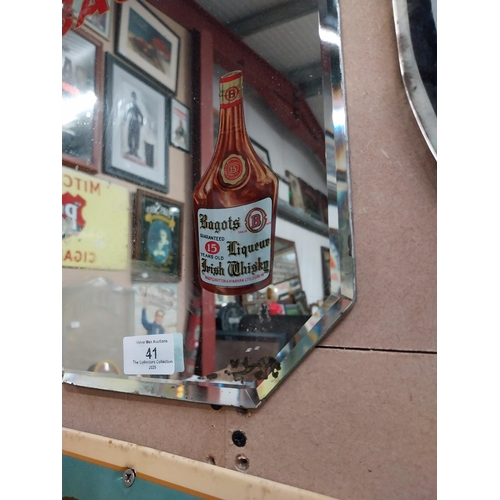 41 - Bagots Irish Whiskey advertising mirror. {25 cm H x 26 cm D}