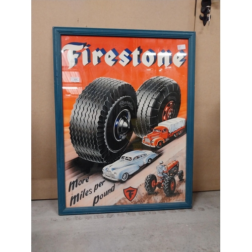 411 - Framed Firestone More Miles Per Pound advertising print.